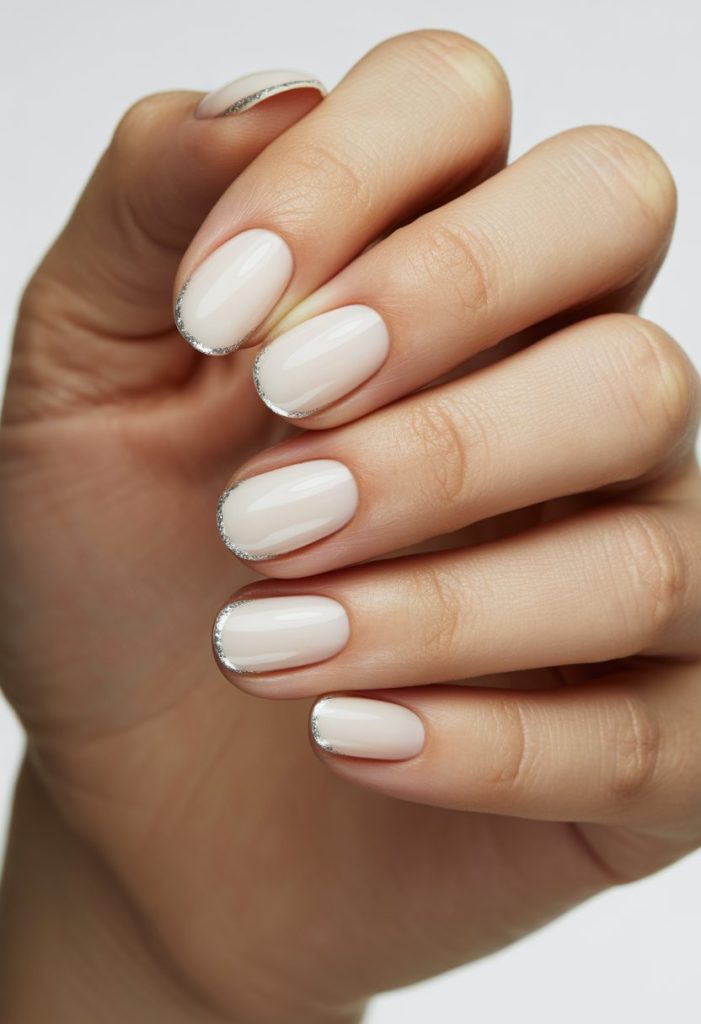 Simple White Nails with Silver Glitter Outline