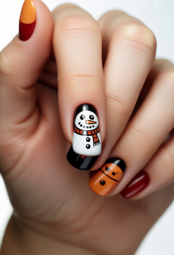 Snowman Design on Ring Finger Nail