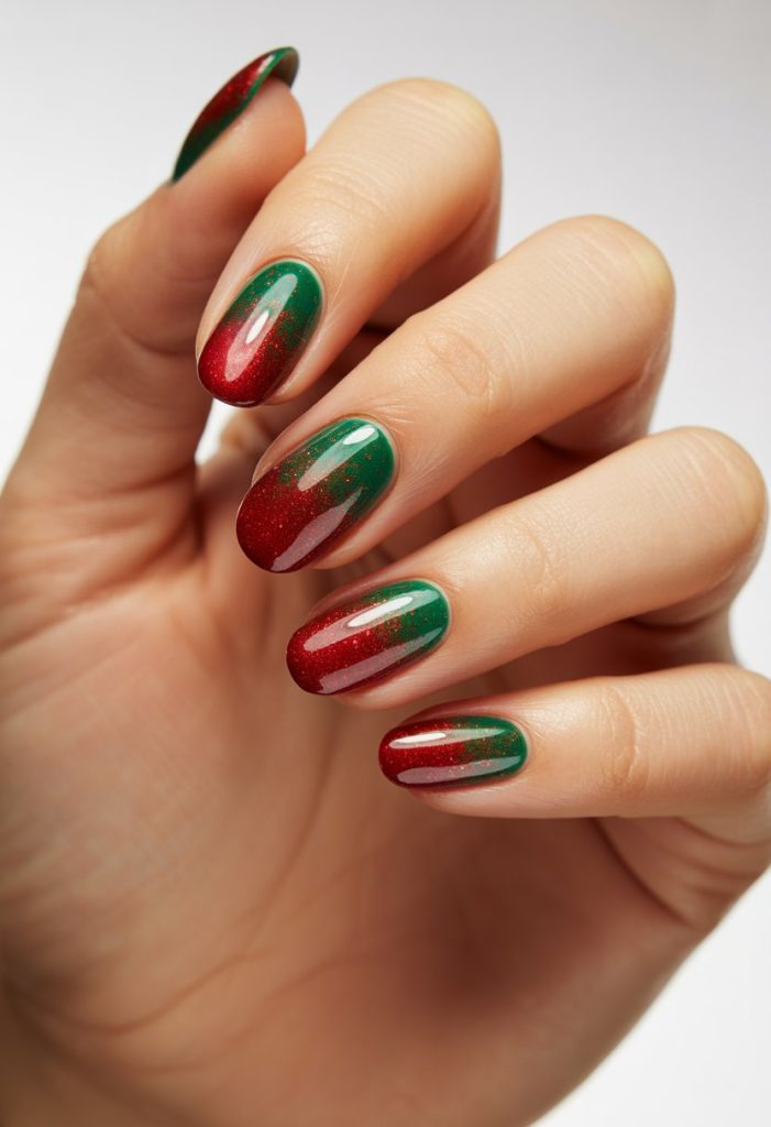 Sparkling Red and Green Gradient Nail