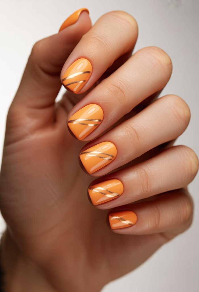 Sunset Orange with Metallic Stripes Nail