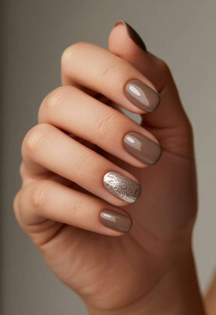 Taupe Brown with Silver Foil Nail