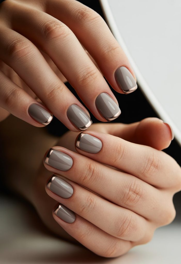 Taupe Matte with Metallic Bronze Tips Nails