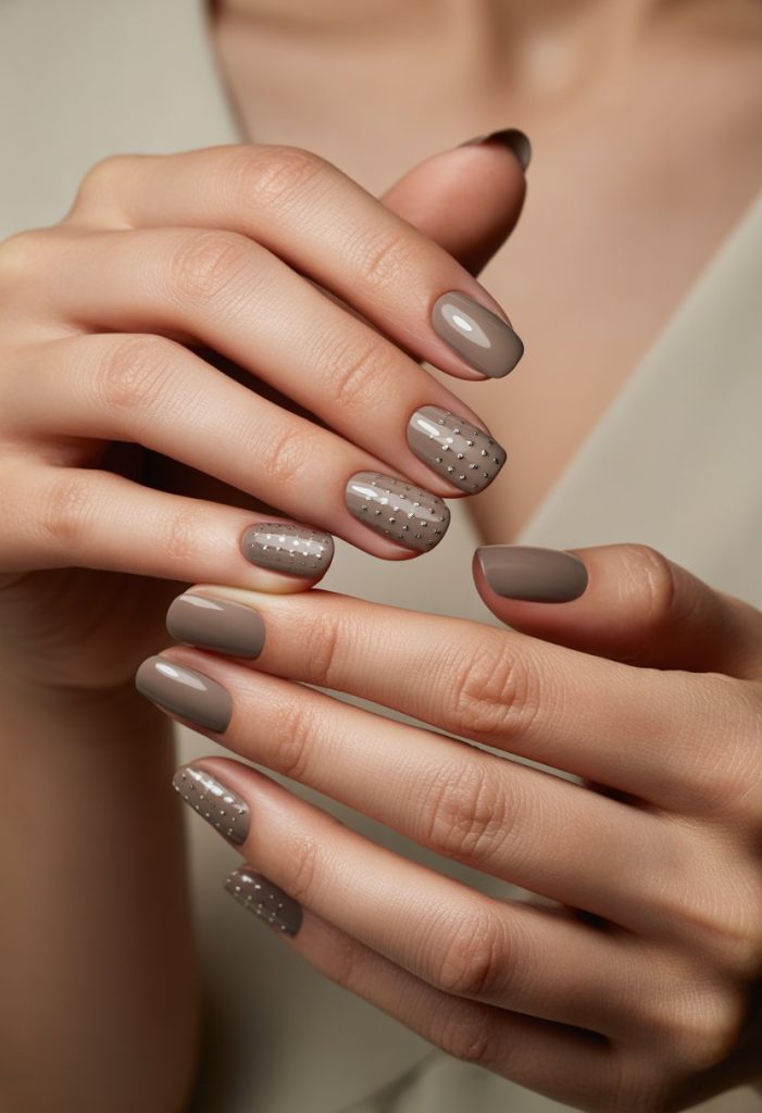 Taupe Nails with Subtle Metallic Dot Pattern