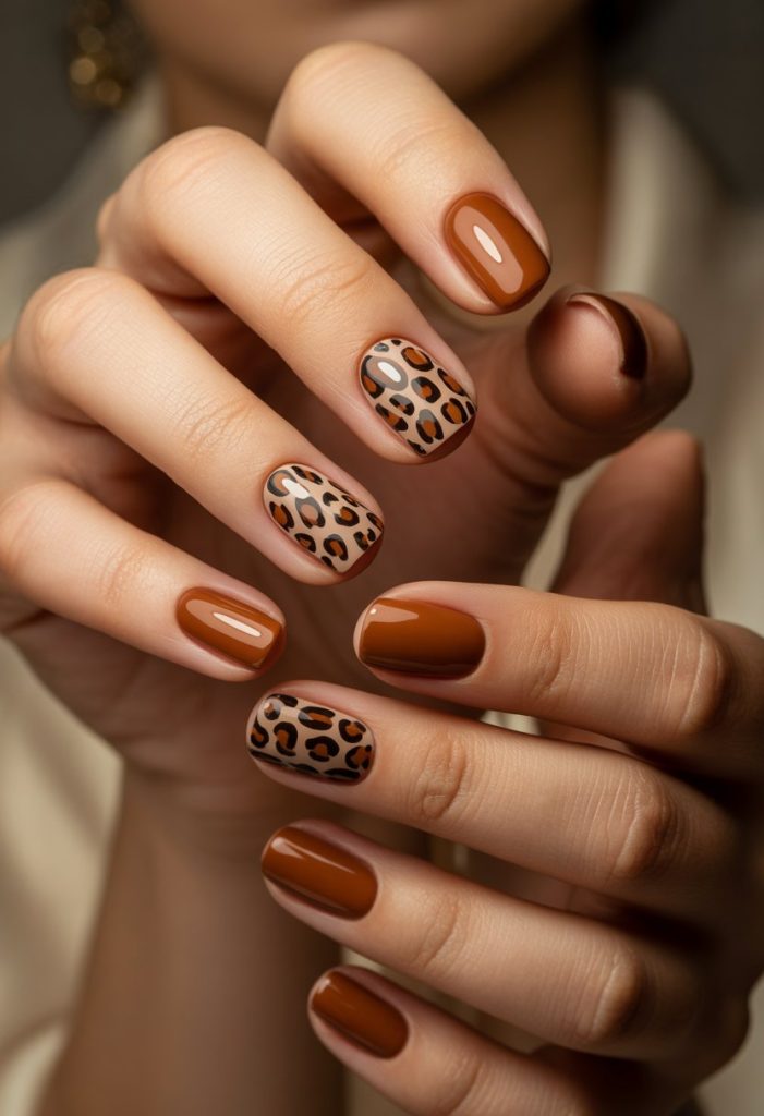 Warm Brown with Leopard Print Nail