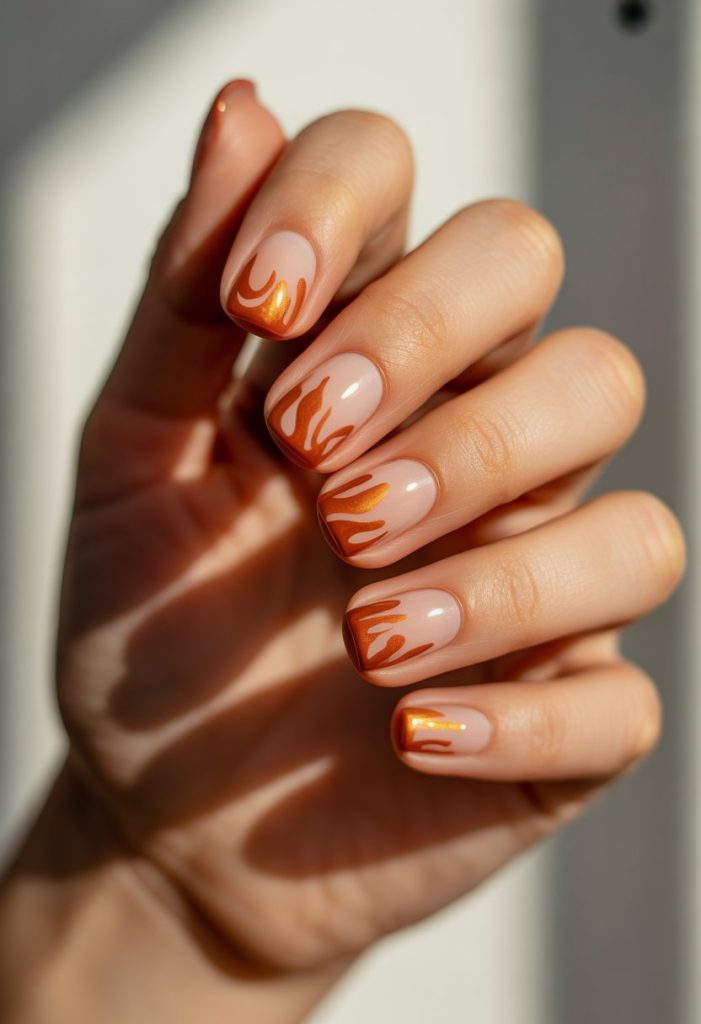 Warm Nude with Burnt Orange Designs Nail
