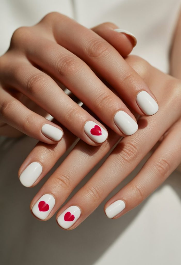 White Nails with Red Heart Accents