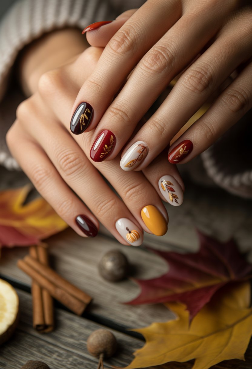 Close-up of a woman's hands with autumn-themed nail art featuring fall colors and leaf designs, resting on a wooden surface with scattered fall leaves and seasonal decorations.