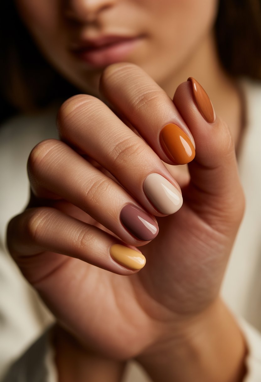 Close-up of a hand with nails painted in warm earth-toned gradient colors blending brown, tan, orange, and cream shades.