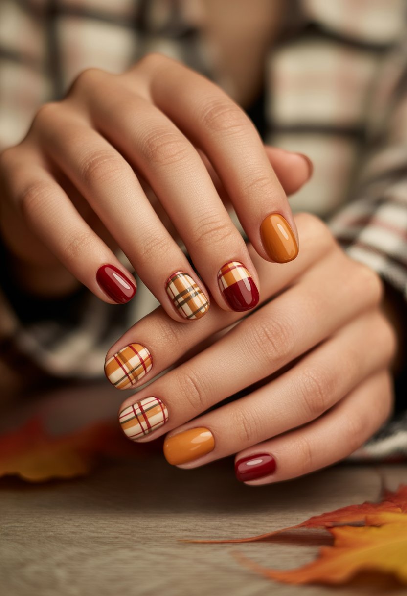 Close-up of a woman's hand with nails painted in a checkered plaid pattern in autumn colors.