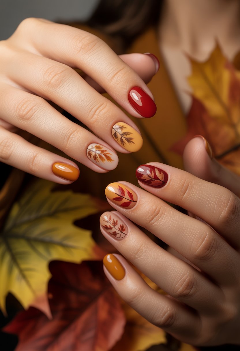 Close-up of hands with nails painted in warm autumn colors and decorated with detailed leaf designs.