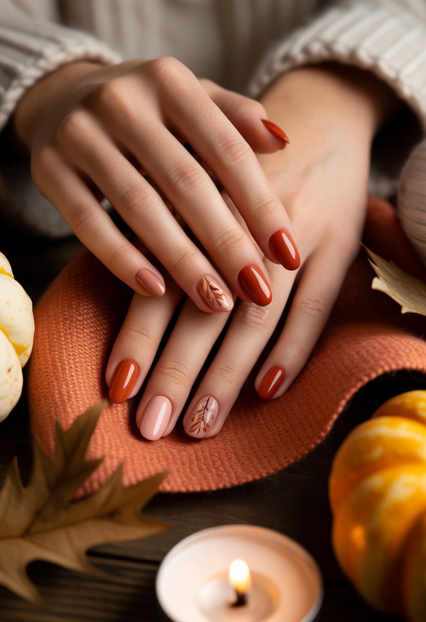 Close-up of hands with rust and terracotta colored nail art resting on natural fabric surrounded by autumn leaves and small pumpkins.
