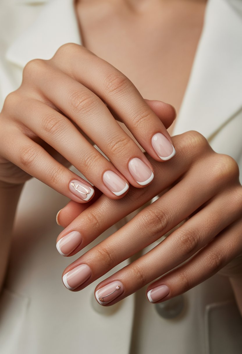 Close-up of a woman's hands with neatly manicured nails featuring a French manicure with subtle creative accents.