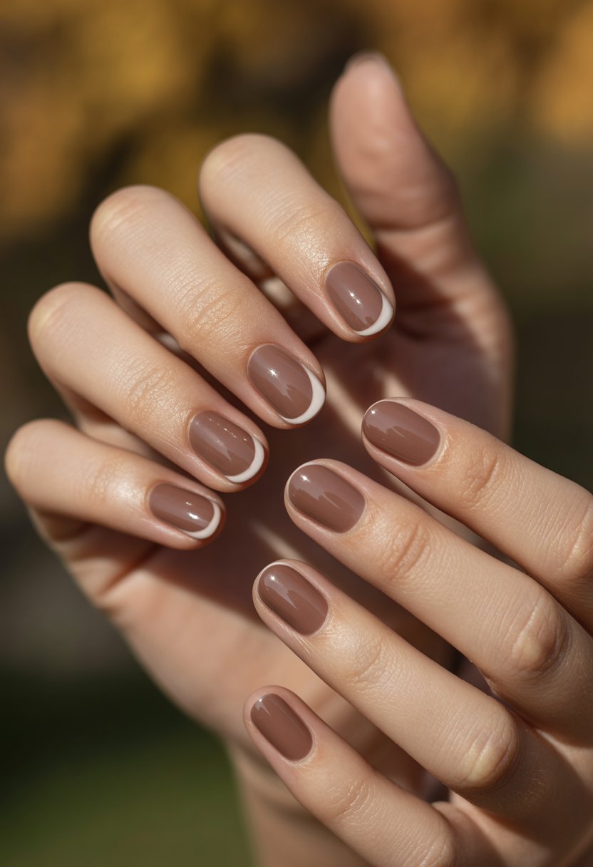 Close-up of a woman's hand with matte brown nails and glossy tips against a warm blurred background.