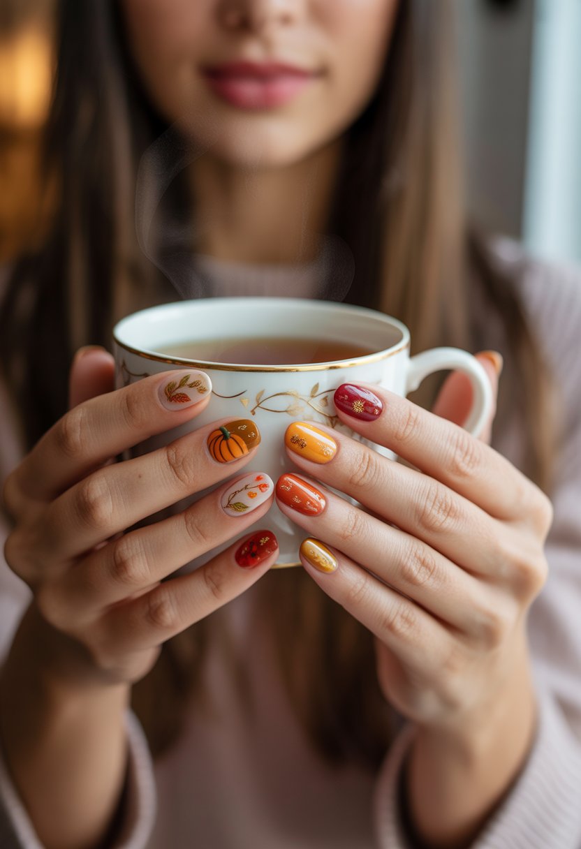 A hand with autumn-themed nail art holding a steaming cup of tea.