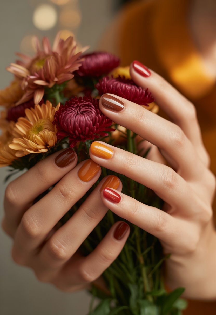 Close-up of hands with autumn-colored manicured nails holding a small bouquet of September flowers.