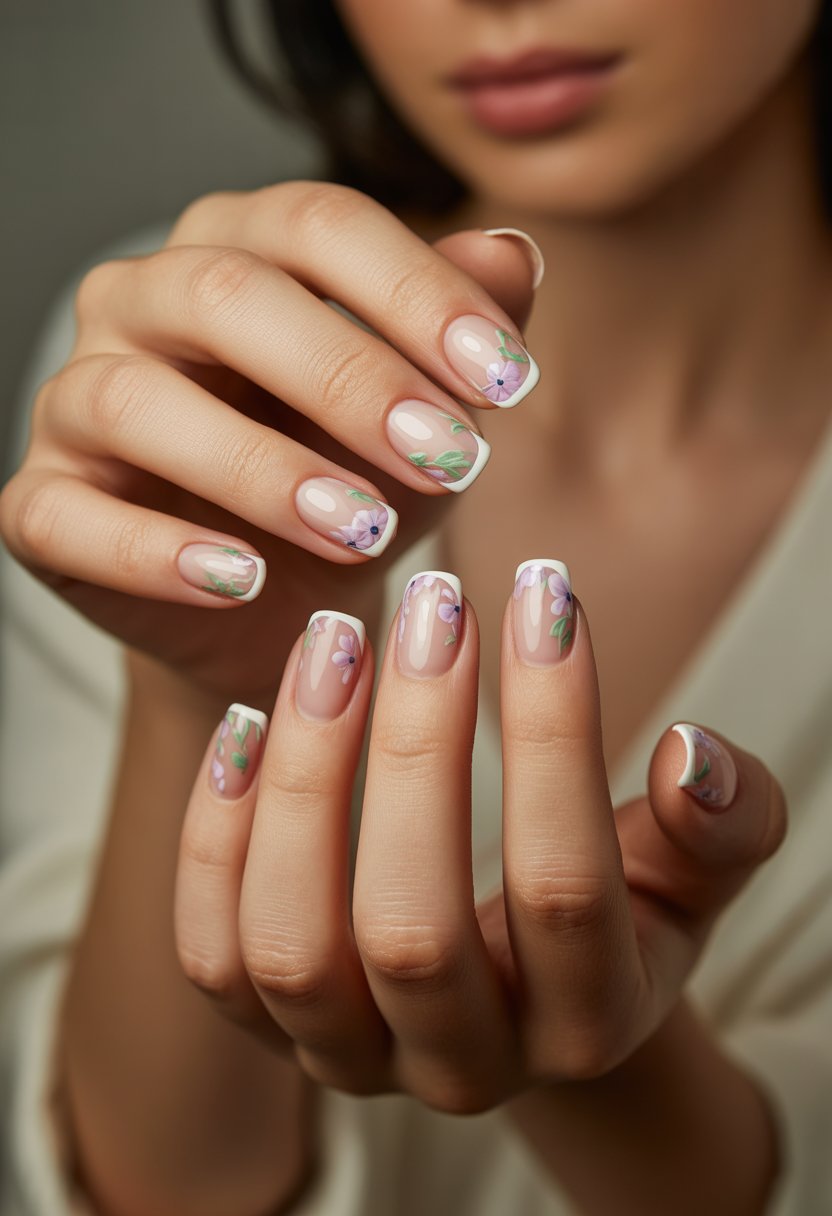 Close-up of hands with manicured nails featuring floral French tips in soft pastel colors.