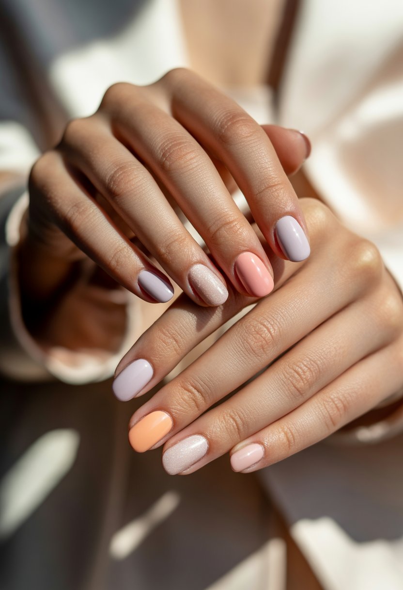 Close-up of a woman's hands with short ballerina-shaped acrylic nails painted in soft autumn colors.