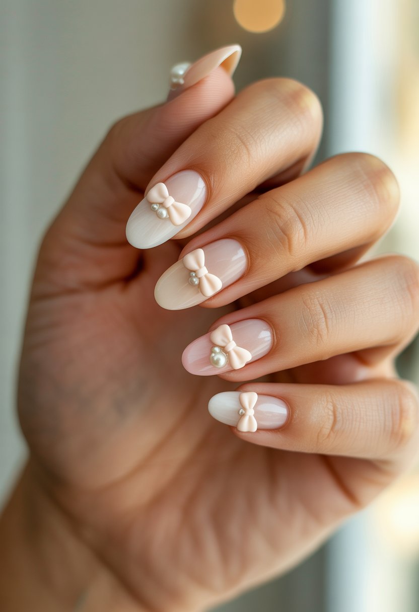 Close-up of a hand with almond-shaped nails decorated with bows and pearls.