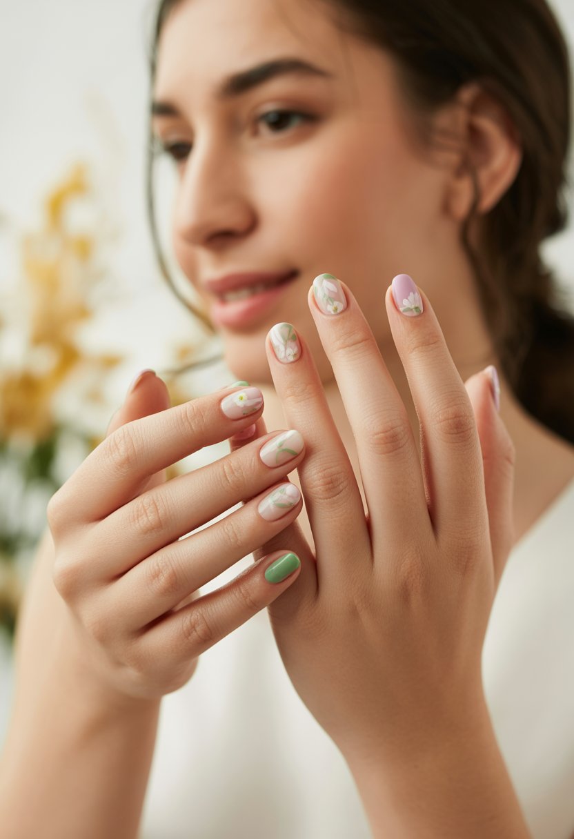 Close-up of hands with nails painted in soft pastel colors and decorated with delicate floral designs.