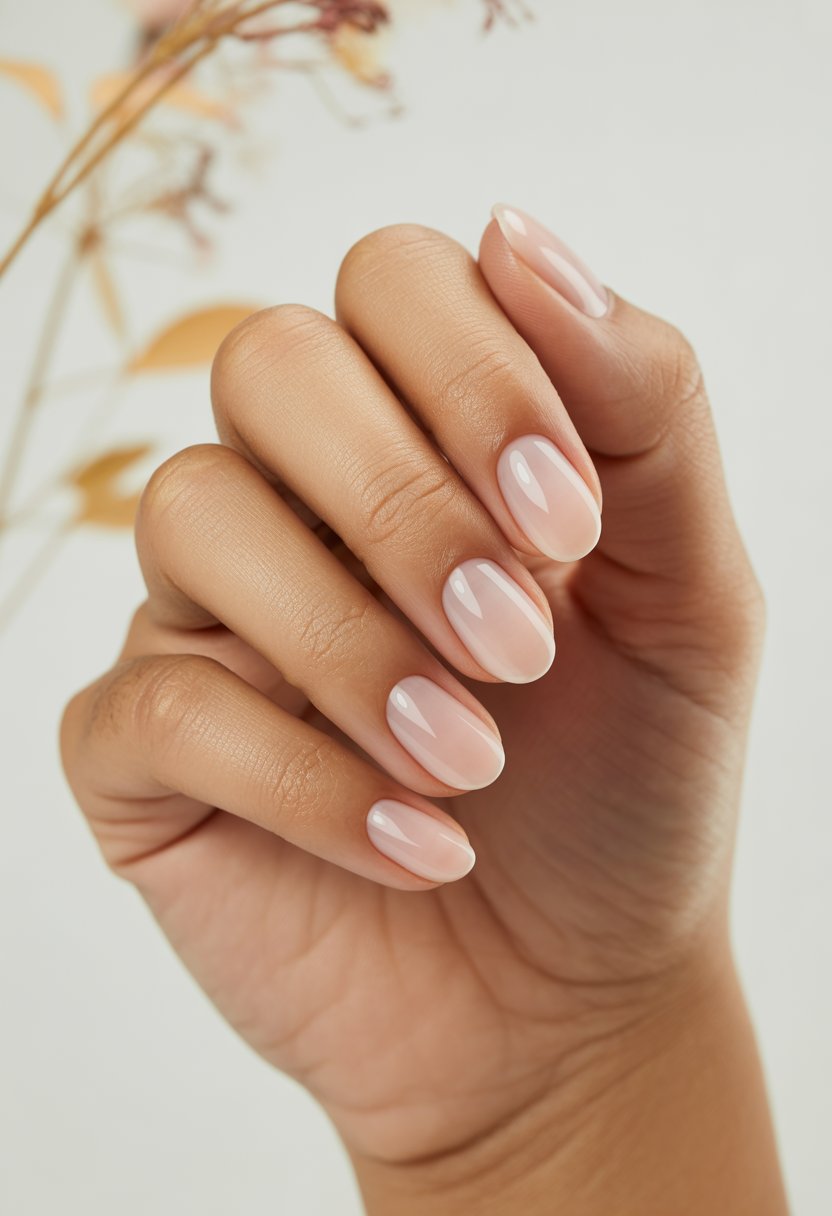 Close-up of a woman's hand with glossy light pink and nude nails against a warm autumn background.