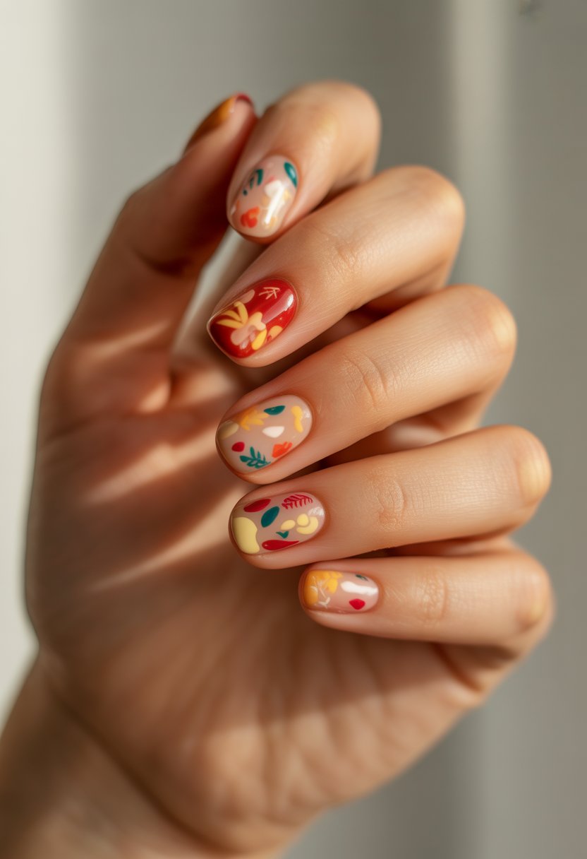 Close-up of a hand with colorful polygel nails featuring autumn-inspired designs and patterns.
