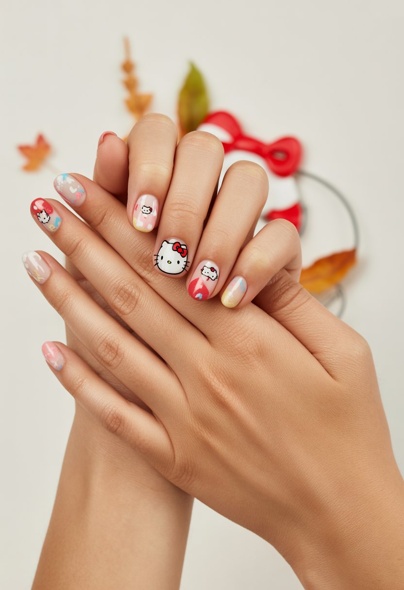 Close-up of hands with colorful Hello Kitty themed nail art, posed over a neutral background with small autumn leaves.