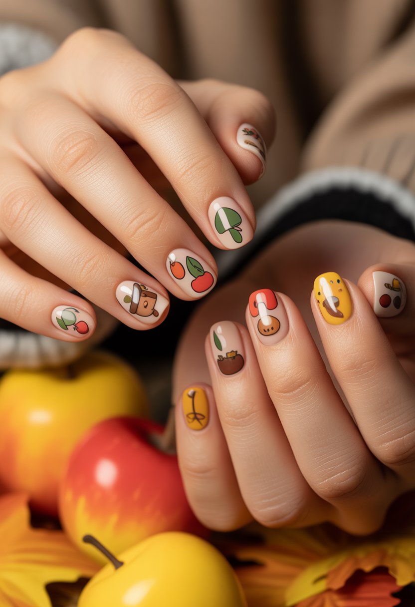 Close-up of hands with autumn-themed colorful nails featuring small leaf and fruit designs.