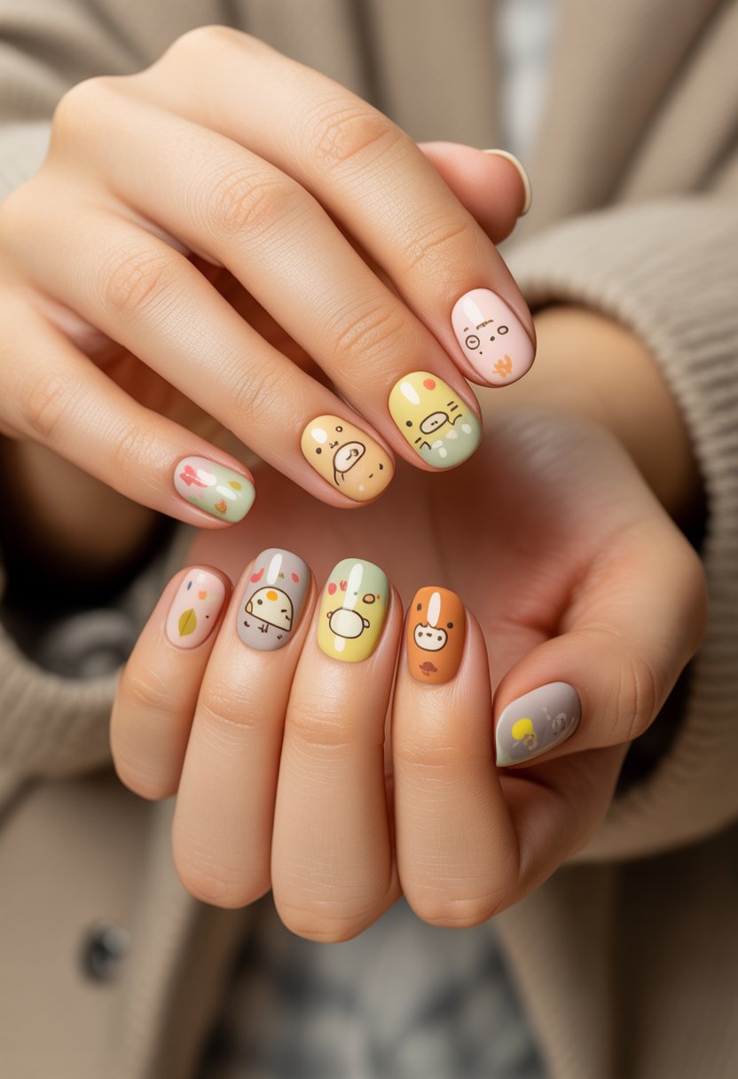 Close-up of hands with pastel-colored nails featuring cute Sumikko Gurashi character designs and autumn-themed decorations.