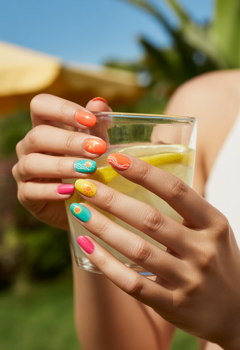 Close-up of hands with bright colorful summer-themed nails holding a glass of lemonade outdoors.