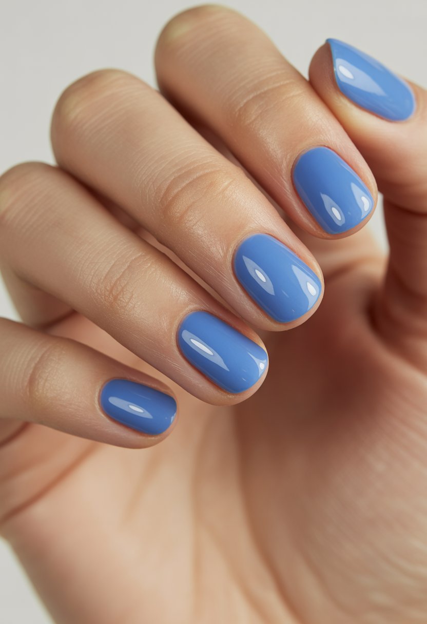 Close-up of a woman's hand with bright blue glossy nails resting on a light background.