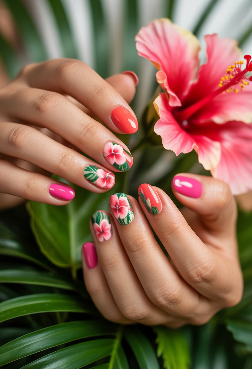 Close-up of hands with bright summer nails featuring tropical hibiscus flower designs surrounded by tropical flowers and leaves.