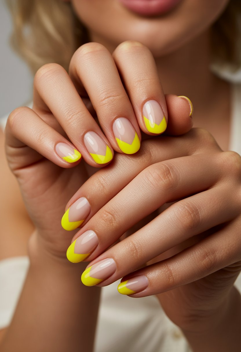 Close-up of hands with bright yellow chevron tip nails against a neutral background.
