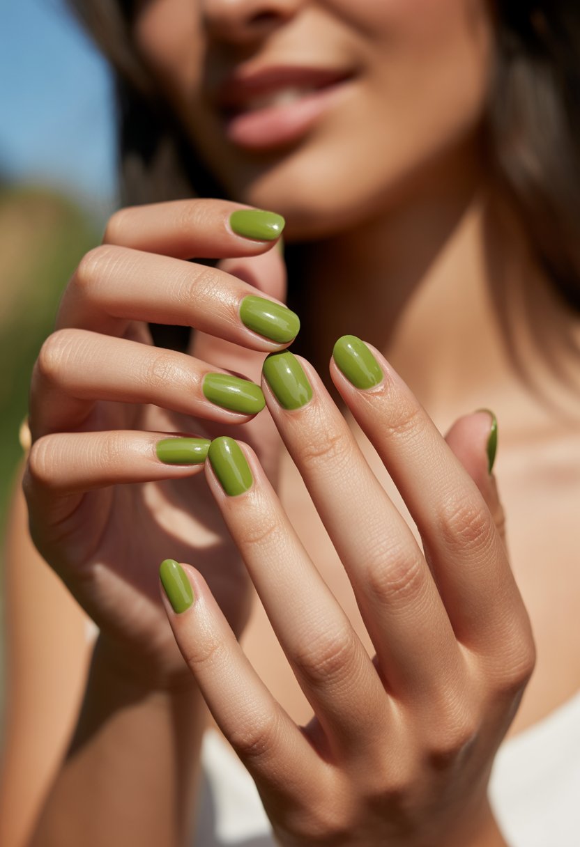 Close-up of hands with glossy pistachio green painted nails.