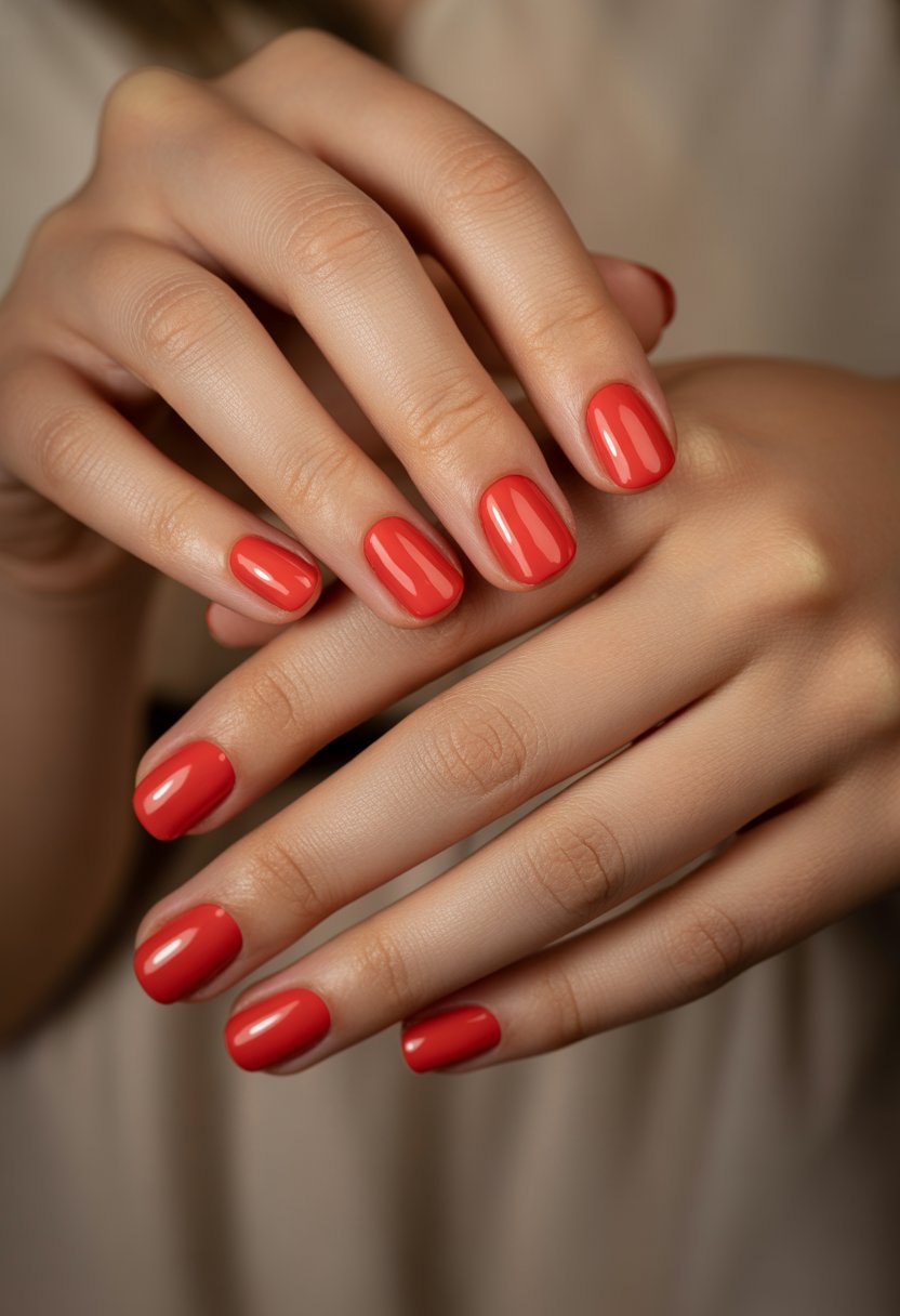 Close-up of hands with bright red manicured nails against a neutral background.