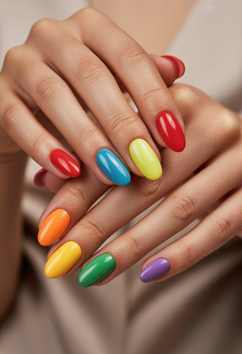 Close-up of hands with almond-shaped nails painted in bright rainbow colors.