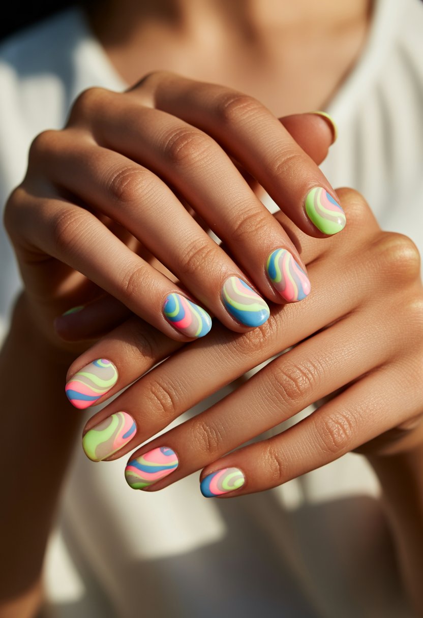 Close-up of hands with brightly colored nails featuring swirling pastel and neon patterns.