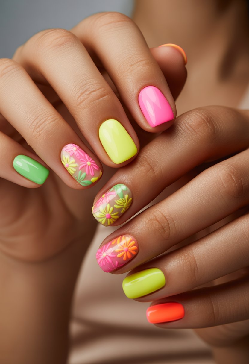 Close-up of a woman's hand with brightly colored nails decorated with floral and neon designs.