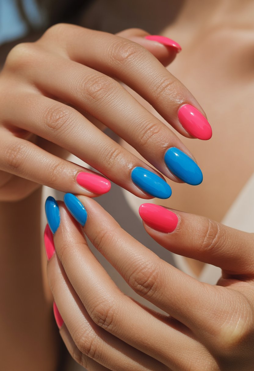 Close-up of hands with bright pink and blue painted nails against a neutral background.
