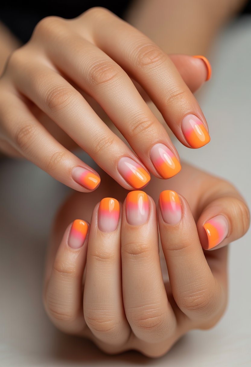 Close-up of hands with bright orange and pink ombre nails.