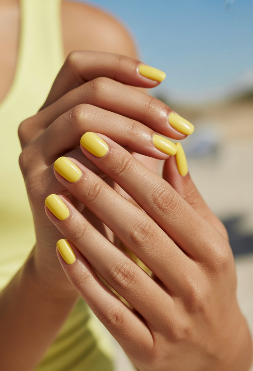 Close-up of hands with bright lemon yellow matte finish nails against a soft summer background.