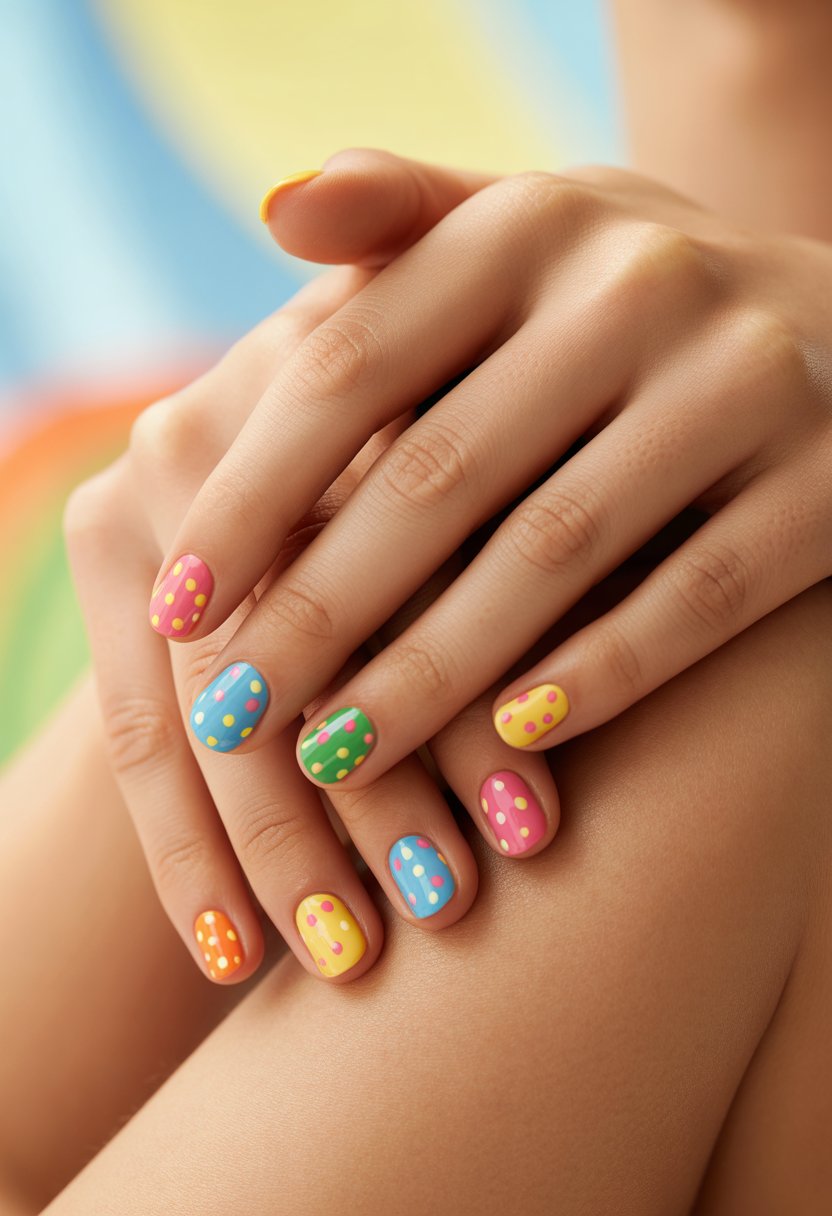 Close-up of hands with colorful polka dot nails in bright summer colors.