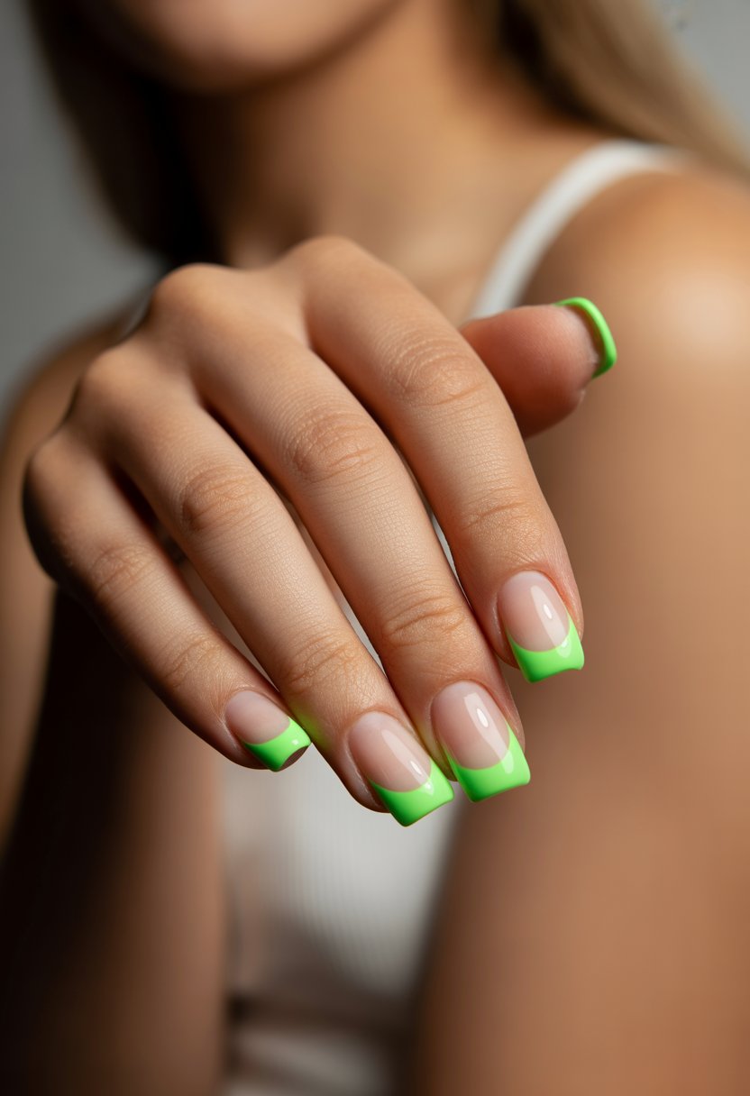 Close-up of a woman's hand with neon green French tip nails against a blurred neutral background.