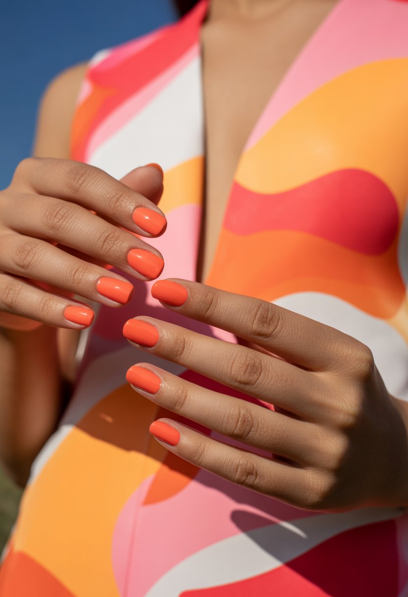 Close-up of hands with bright coral nails against a colorful abstract background.