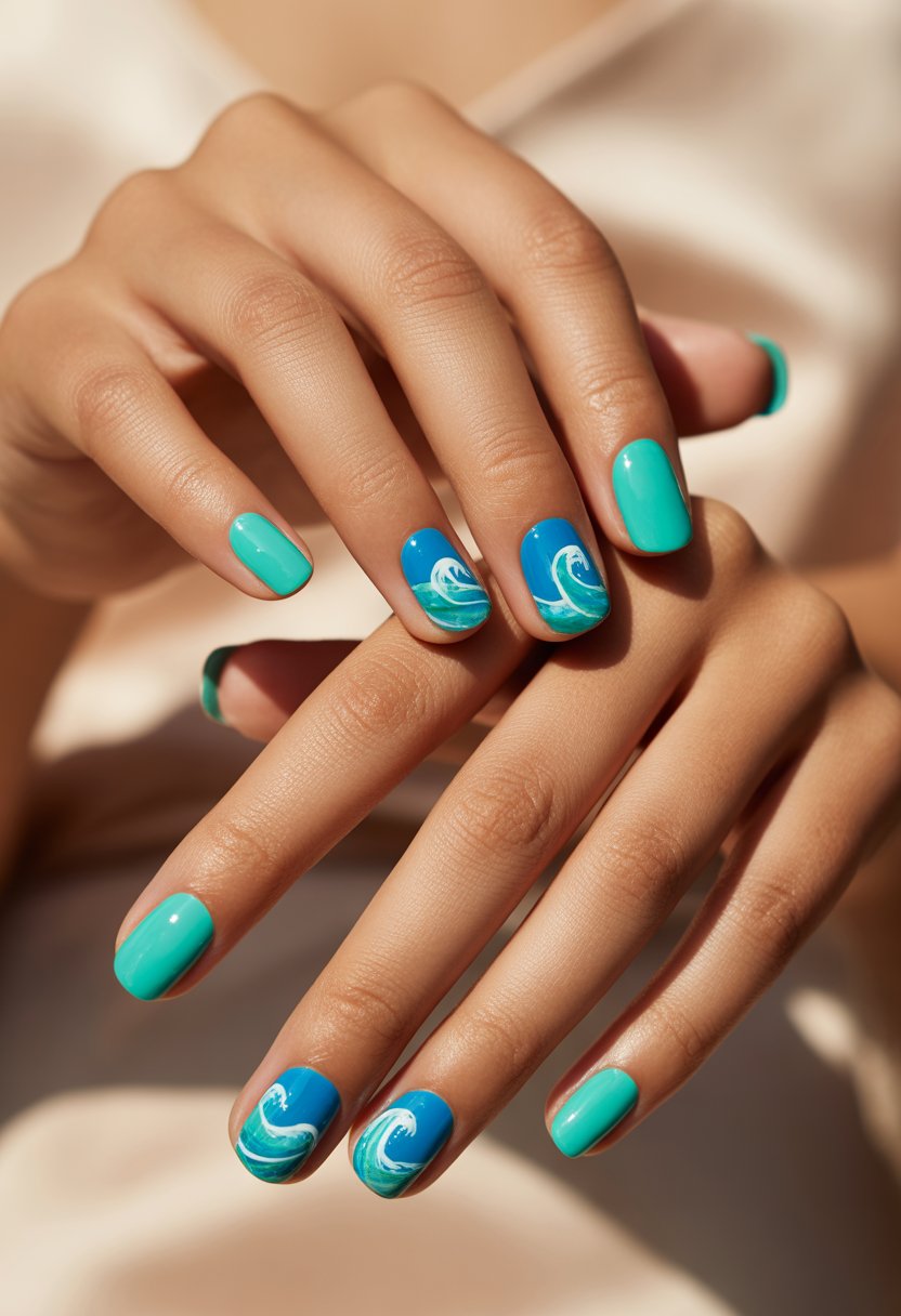 Close-up of hands with bright turquoise nails featuring wave designs.