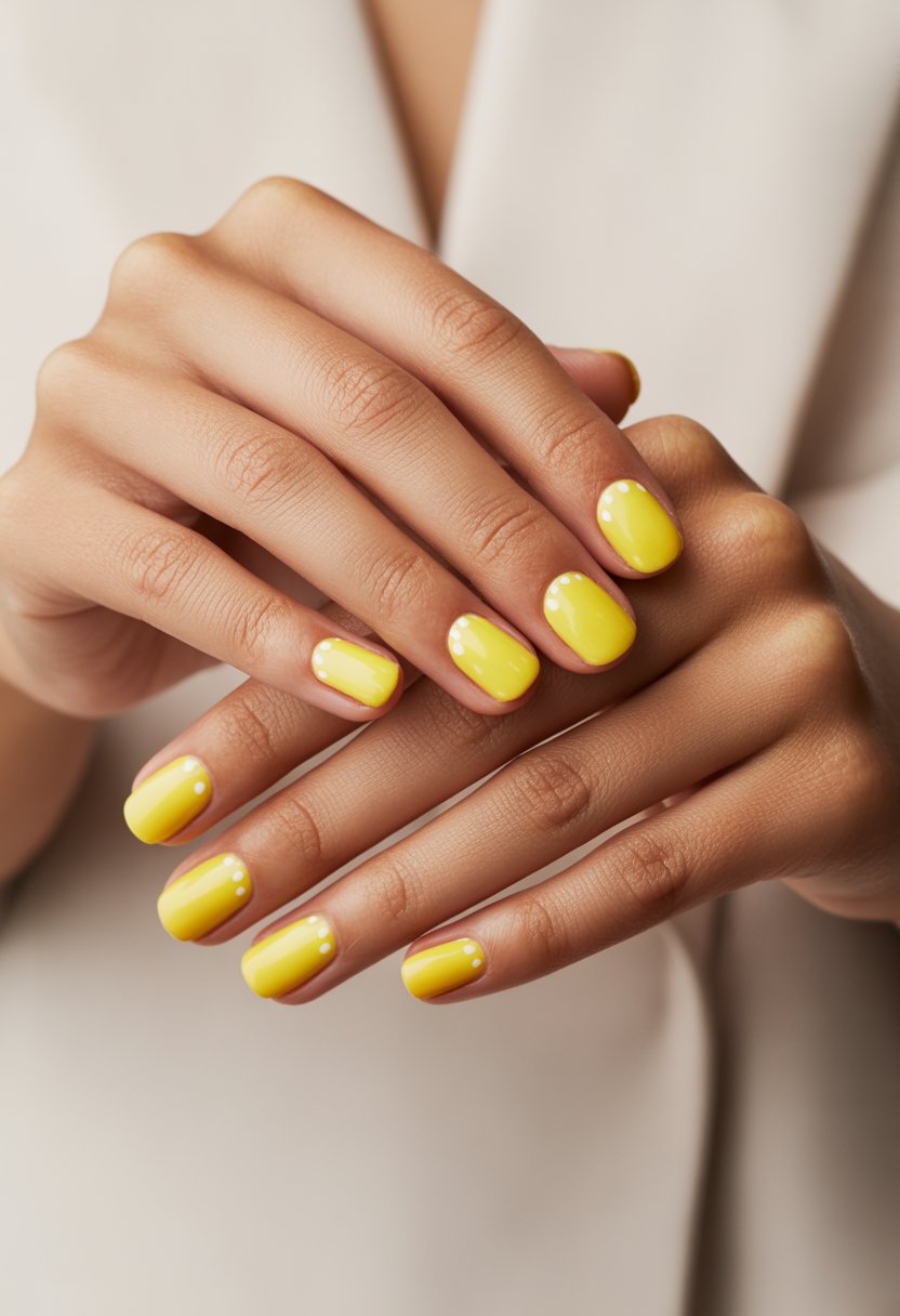 Close-up of hands with bright yellow nails decorated with white dots.