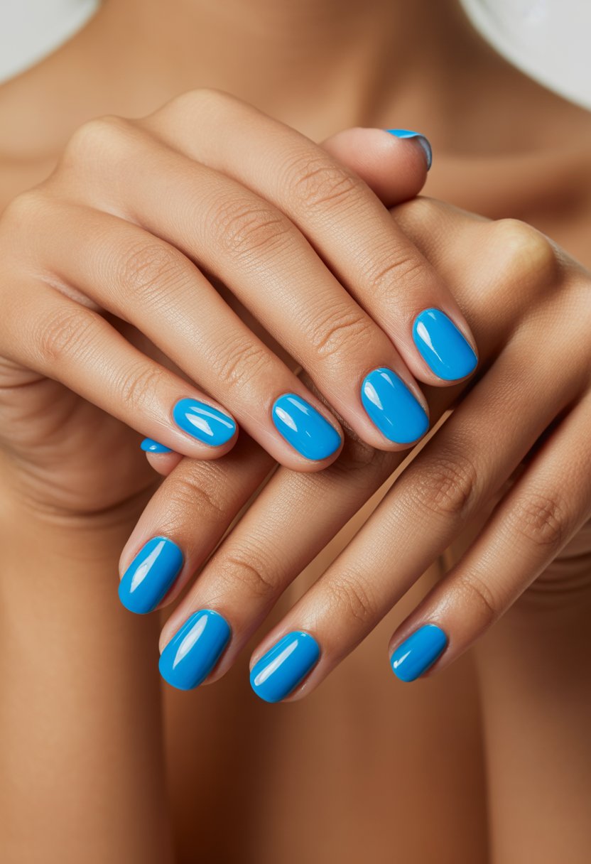 Close-up of hands with bright blue glossy nails against a neutral background.