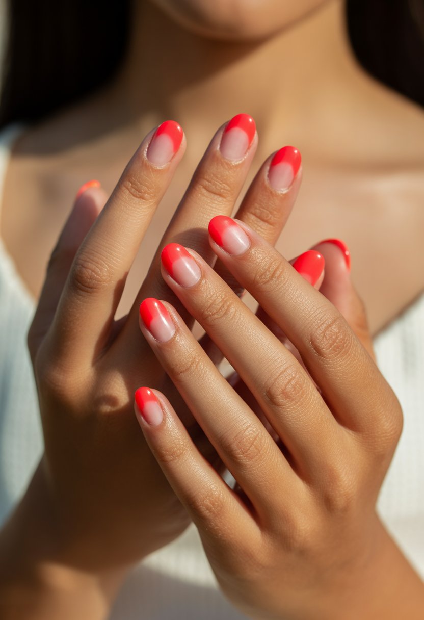 Close-up of hands with bright red neon tips on the nails.