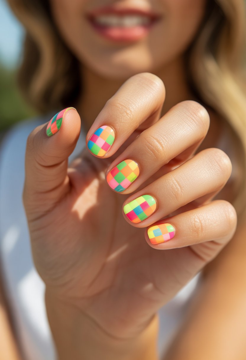 Close-up of a hand with brightly colored neon checkered nails.