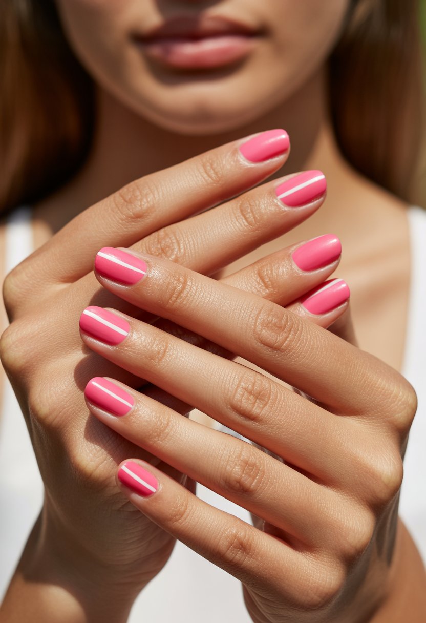 Close-up of hands with bright pink neon nails featuring white stripes.