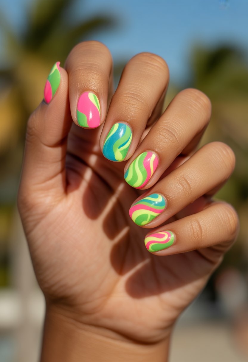 Close-up of a hand with brightly colored neon swirl nail designs.